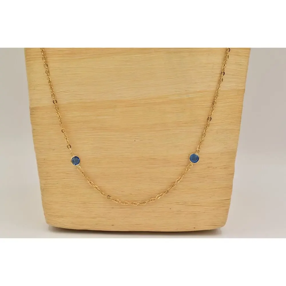 Vintage Blue Open Bezel Crystal Necklace Station Chain Gold Tone 1980s BinBJ
